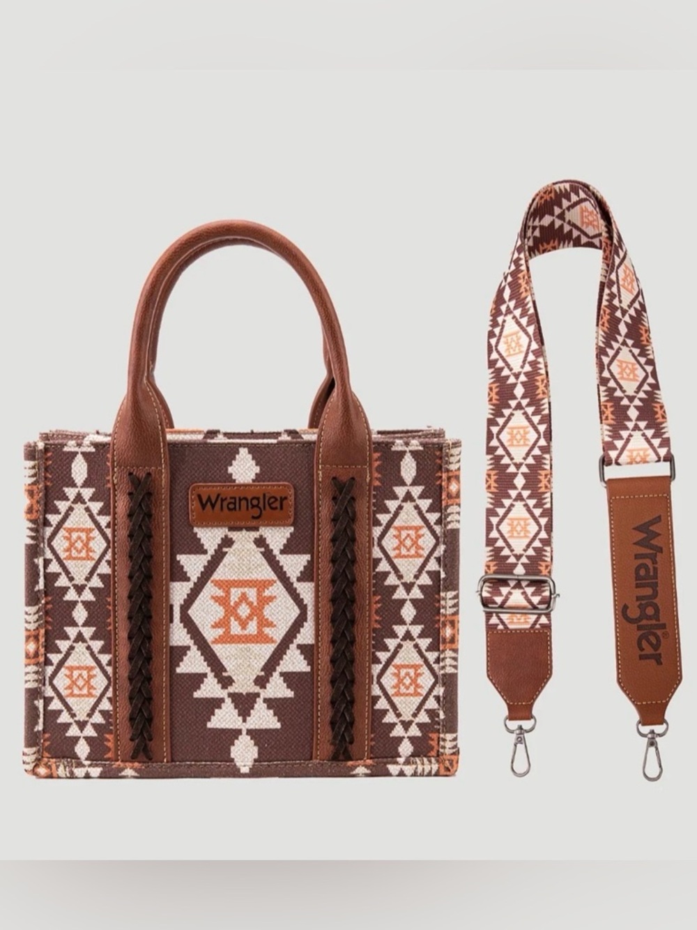 Wrangler Brown & Cream Aztec Canvas Tote with Detachable Patterned Strap